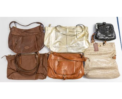 A collection of 17 bags: 12 x The Bridge handbags of various sizes and designs, mainly brown and tan with two red, one blue a