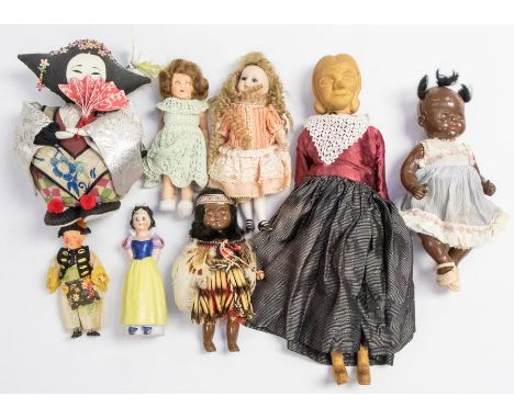Dolls; antique and Interesting vintage miniature Plastic, Wood ,ceramic, terracotta fisherman and cloth small dolls; good qua