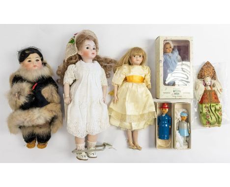 Dolls; Artist finely made and&nbsp; couture dressed ceramic dolls c 1980 collection and inc wooden p stump painted dolls , a 