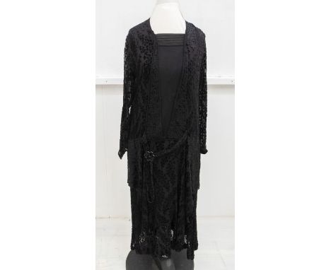 A 1920's figured velvet dress, a line, dropped waist, crepe de chine inset, modesty vest, calf length and a black buckle belt