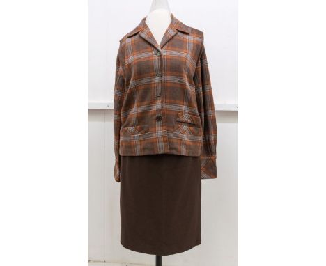 A Jaeger jacket in maroon, and a mink jacket from 1940's, a tan check jacket with brown pencil skirt, tan and blue check, but