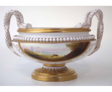 Royal Worcester vase signed H. Davis, painted with a landscape, below a jewelled border and twin entwined snake handles, puce