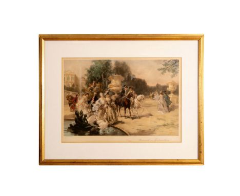 Color lithograph of a group noblemen and women strolling in the park of Fontainebleau, France. This Rococo scene is based on 