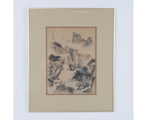 Original color inks and gouache accents on beige linen that depicts a serene Chinese landscape. The artist depicts two schola
