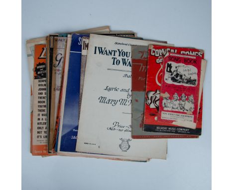 This collection features mostly standard-sized sheet music measuring 9"W x 12"H, alongside a few titles in smaller sizes to c