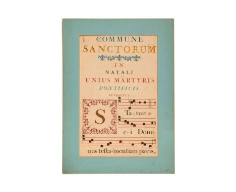 Beautiful original hand drawn and applied gold leaf on vellum paper of a Latin antiphonary music sheet: Commune Sanctorum (Co