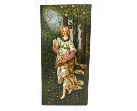 A CERAMIC PLAQUE WITH ENAMELLED DECORATION  depicting Flora from Botticelli's 'Primavera', 26cm x 12cm
