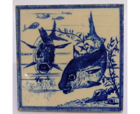 A MINTON, HOLLINS & CO. POTTERY TILE,  decorated with fish swimming amongst reeds, 15.5cm square