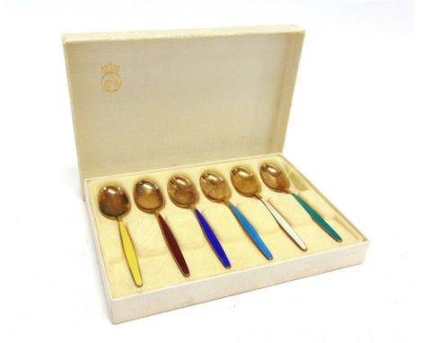 A CASED SET OF SIX DAVID ANDERSON ENAMELLED AND GILDED COFFEE SPOONS stamped 'D.A', scales mark, '9255', 'Norway' and 'Sterli