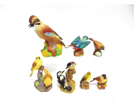 SEVEN ROYAL WORCESTER BIRD FIGURES:  3248 Jay, 3235 Kingfisher, 3363 Pied Woodpeckers, 3377 Yellow Hammers, 3333 Hedge Sparro