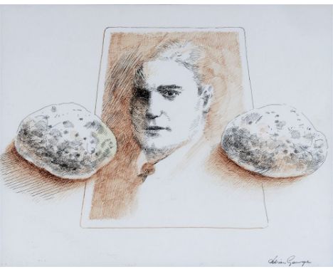 ADRIAN GEORGE (BRITISH, B.1944) Portrait and Two Stones, black ink over a printed base, signed lower right, 28cm x 35.5cm.