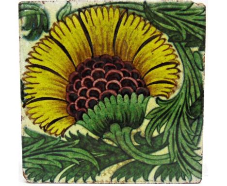 WILLIAM DE MORGAN: A SANDS END POTTERY TILE  painted floral decoration on a cream ground, impressed marks, 15.5cm square 