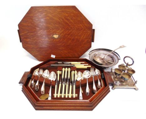 A 1930s SILVER PLATED CANTEEN OF OLD ENGLISH PATTERN CUTLERY in a fitted wooden case with lift out tray; a plated egg waiter;