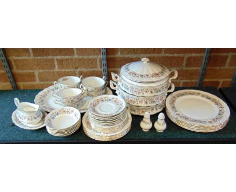 A PARAGON 'MEADOW VALE' PATTERN SIX SETTING DINNER SERVICE,  decorated with a band of flowers within gilt borders, comprising