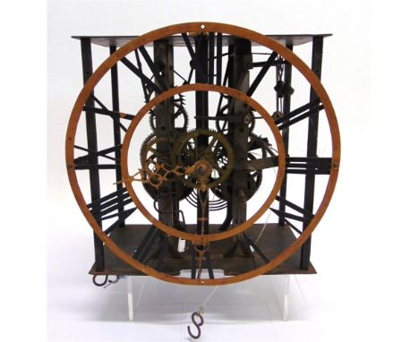 AN EIGHT DAY LONGCASE CLOCK MOVEMENT striking on a coiled gong and with later bracket for wall mounting