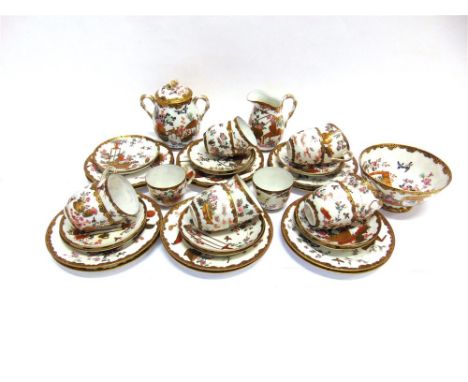 A CHINESE PORCELAIN TEA SERVICE,  with finely executed polychrome enamel decoration highlighted in gilt, red painted characte