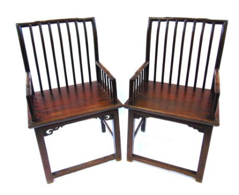 A MATCHED PAIR OF CHINESE STICK BACK ELBOW CHAIRS,  each approx 104cm high, the seats 61cm wide 46cm deep