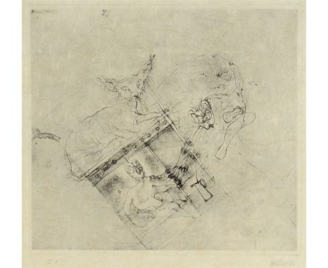 HANS BELLMER (GERMAN, 1902-1975) Abstract with Recumbent Cat, monochrome print, signed lower right, 40.5cm x 43cm. 