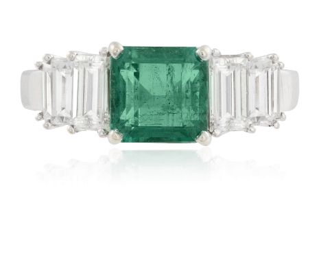 AN EMERALD AND DIAMOND RINGThe square step-cut emerald weighing approximately 1.50cts within a four-claw setting and between 