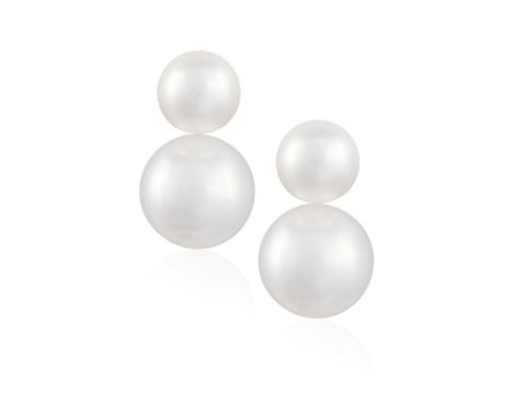 A PAIR OF CULTURED PEARL EARRINGS, BY SCHOEFFELEach button-shaped cultured pearl, suspending a removable knife-wire bar termi