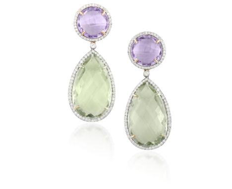 A PAIR OF AMETHYST PENDENT EARRINGSEach pear-shaped mixed-cut green amethyst within a frame of single-cut diamonds, to a roun