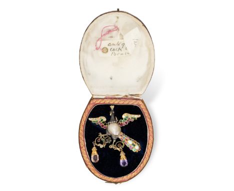 A MID-19TH CENTURY GEM-SET BROOCHDesigned as a peacock perched on a floral spray, the body set with a baroque-shaped pearl an