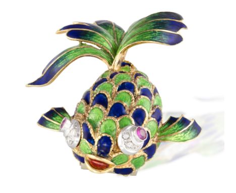 A GEM-SET AND ENAMEL NOVELTY BROOCHDesigned as a whimsical fish, the scales, fins and tail decorated with blue and green enam