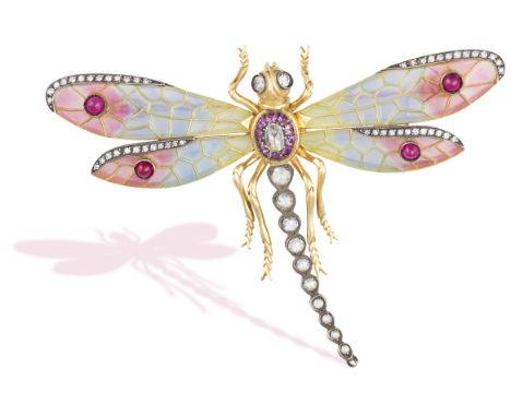 A DIAMOND, GEM-SET AND PLIQUE-A-JOUR ENAMEL BROOCHDesigned as a stylised dragonfly, with circular-cut pink sapphire and rose-
