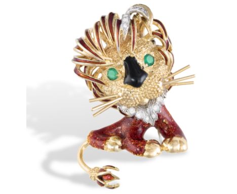 AN ENAMEL, EMERALD AND DIAMOND NOVELTY BROOCH, BY FRASCAROLO, CIRCA 1965Designed as a Lion with textured gold head, the mane 