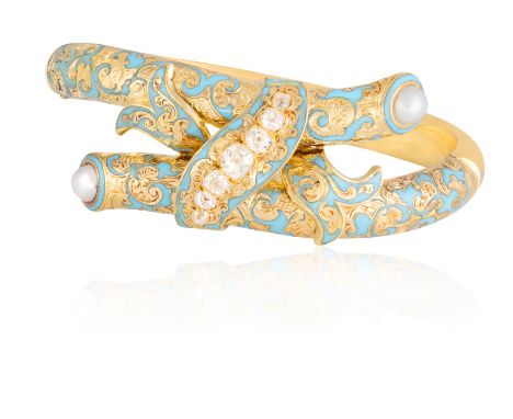 A 19TH CENTURY DIAMOND, ENAMEL AND PEARL BANGLEThe cross over hinged bangle set with a button-shaped pearl on each terminal, 
