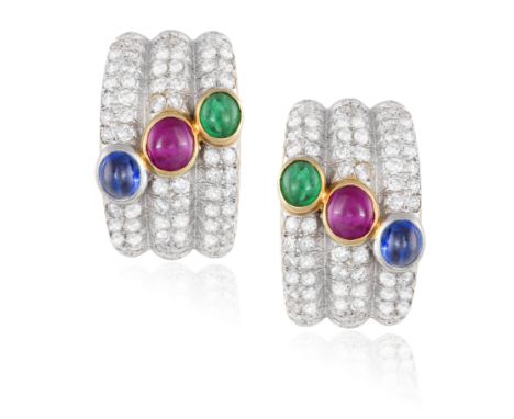 A PAIR OF GEM-SET AND DIAMOND EARCLIPSEach set with a collet-set cabochon sapphire, ruby and emerald between pavé-set round b