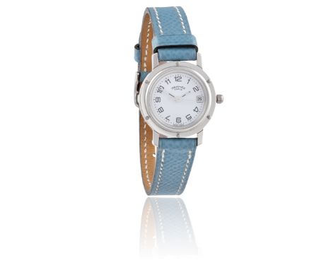 A LADY'S STAINLESS STEEL 'CLIPPER' WRISTWATCH, BY HERMES7-jewel quartz ETA movement, the circular white dial with Arabic nume