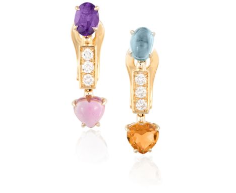 A PAIR OF GEM-SET 'ALLEGRA' EARRINGS, BY BULGARIEach designed as an articulated row of vari-cut gemstones including an amethy