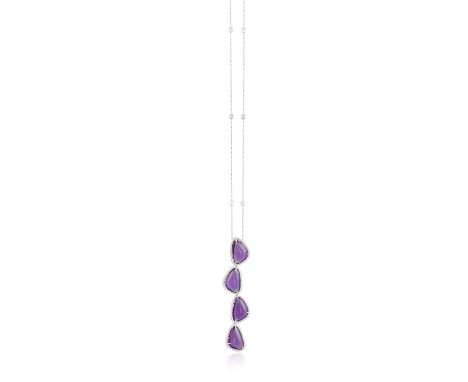 AN AMETHYST AND DIAMOND PENDANT ON CHAIN, BY MARGHERITA BURGENERThe articulated pendant designed as a line of fancy-cut caboc