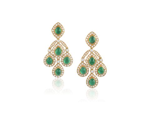 AN IMPRESSIVE PAIR OF EMERALD AND DIAMOND 'CAROLINE' PENDENT EARCLIPS, BY REPOSSIEach of chandelier design, suspending series