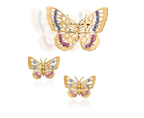 A RUBY AND SAPPHIRE BUTTERFLY SUITE OF EARRINGS AND BROOCHThe brooch and earrings designed as a butterfly, each of openwork p