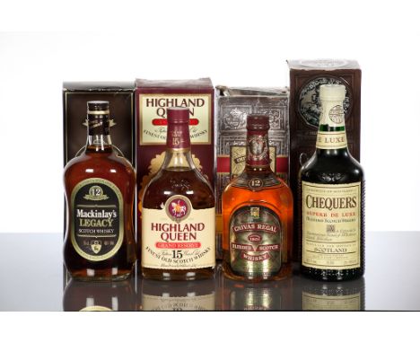CHIVAS REGAL 12 YEAR OLD 
Blended Scotch whisky. 26 2/3 fl.ozs, 75°proof. In carton. 
CHEQUERS SUPERB DE LUXE
Blended Scotch 
