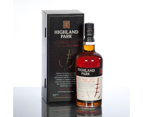 HIGHLAND PARK VINTAGE 1977 
Single Island malt Scotch whisky. Distilled 1977, one of 480 bottles. Bottled to celebrate the do