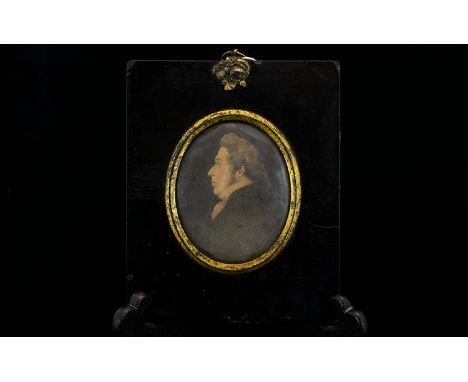 19th Century Framed Portrait ( Oil Painting ) Housed in ebonised Georgian frame, depicting Georgian gentleman in profile. 2.5