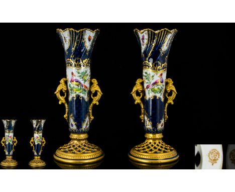 Royal China Works Worcester Ornate Pair of Fine Hand Painted Twin Handle Spill Vases. c.1880's. The Central White Panels with