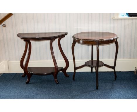 Modern Mahogany Effect Side Table Of shaped form, raised on four supports and stretcher shelf base. Together with a Beechwood