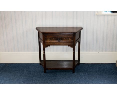 Charles II Style Side Table Oak table with single frieze drawer, raised on turned supports with stretcher shelf. 31 x 15 inch