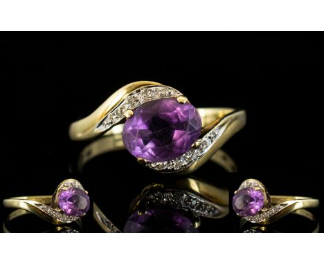 Ladies 9ct Gold Amethyst and Diamond Set Dress Ring, Amethyst of Good Colour, Tiny Diamond Chips to Shoulders. Fully Hallmark