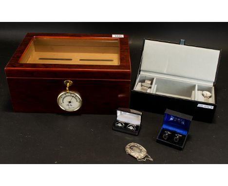 Contemporary Cigar Humidor Table top humidor with glazed, hinged top and lift out tray with brass key. Height, 6 inches, 14 x