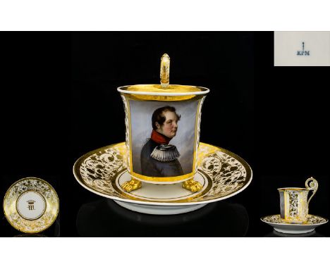 Fine Quality Berlin KPM Cabinet Cup And Saucer, hand painted polychrome portrait of a Freiherr (German equivalent of a Baron)