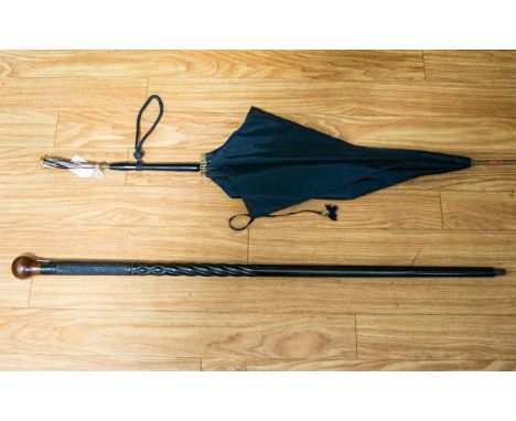 Vintage Parasol And Carved Wood Walking Stick Silk canopy with faux bone handle, the spokes marked 'St Michael' length 34 1/2