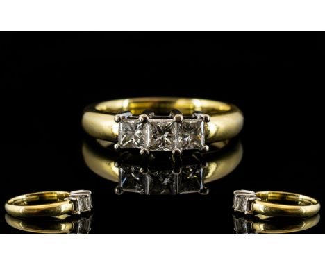 18ct Gold Three Stone Diamond Ring Set with three princess cut diamonds, fully hallmarked, ring size O, total weight 6 grams.