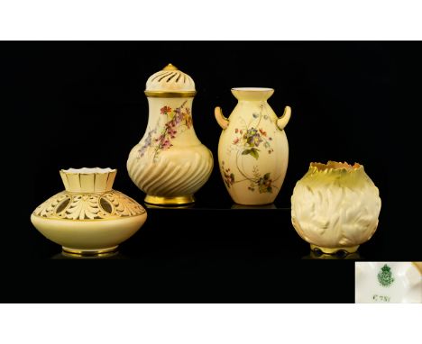 A Small Collection of Royal Worcester Blush Ivory Pieces Four (4) in Total.  Comprises:  1.  Twin Handle China Worcester Smal