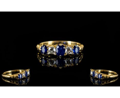 Antique Period - Attractive and Superb Quality 18ct Gold Sapphire and Diamond Set Dress Ring, The Three Sapphires of Excellen