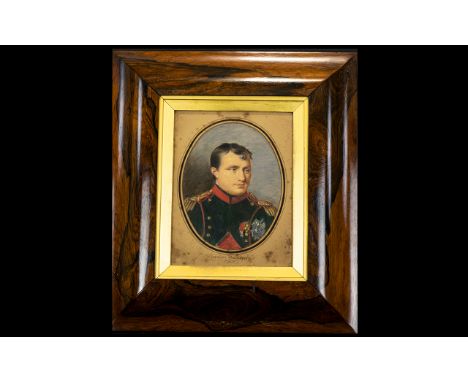 Napoleon Bonaparte Interest 19th Century Portrait Watercolour On Paper Unsigned head and shoulder portrait in oval mount. Hou